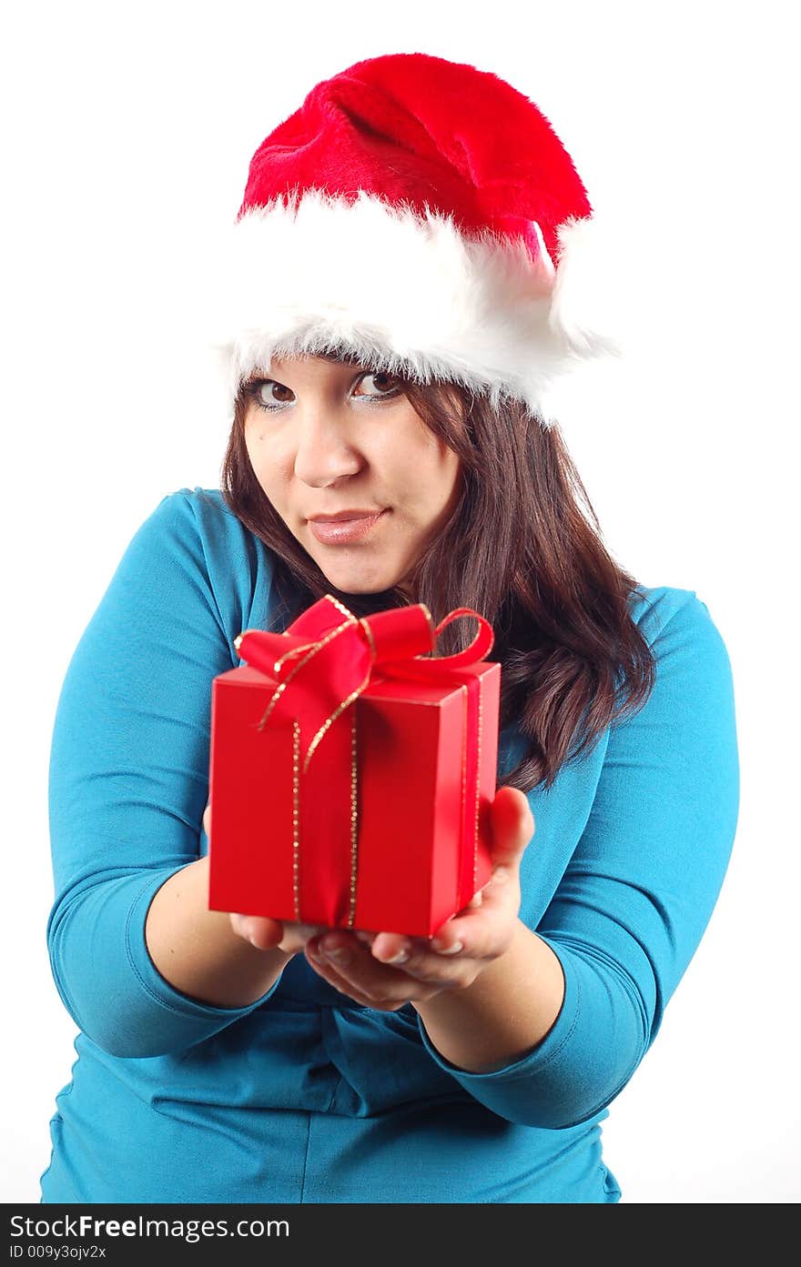 Attractive woman with santa claus hat and gift on white background. Attractive woman with santa claus hat and gift on white background