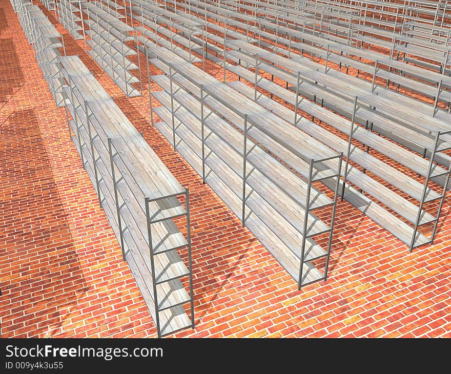 Empty wood shelves with brick flooring. Empty wood shelves with brick flooring