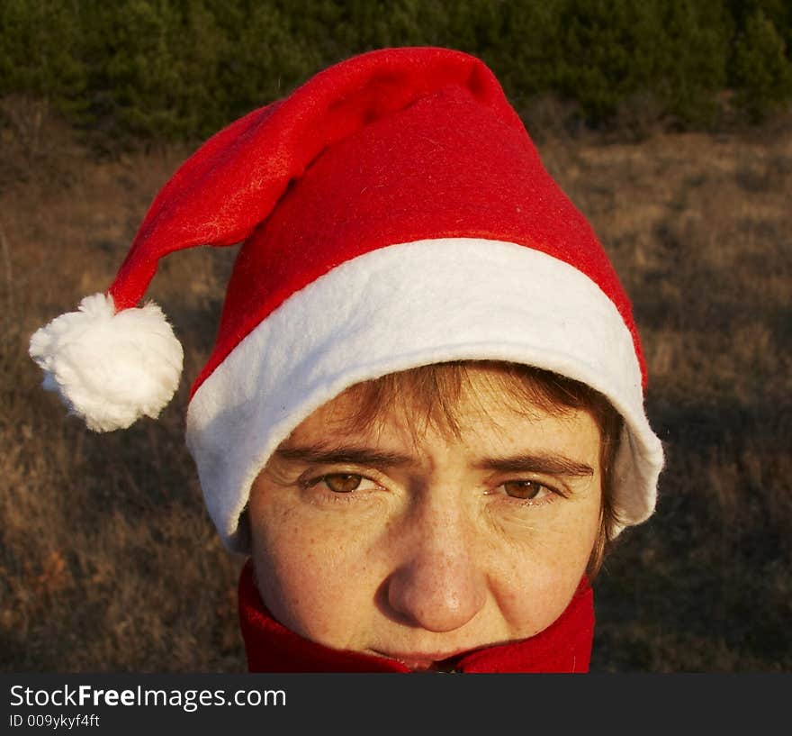 Portrait of young woman wearing santa claus hat on pine branch. Portrait of young woman wearing santa claus hat on pine branch