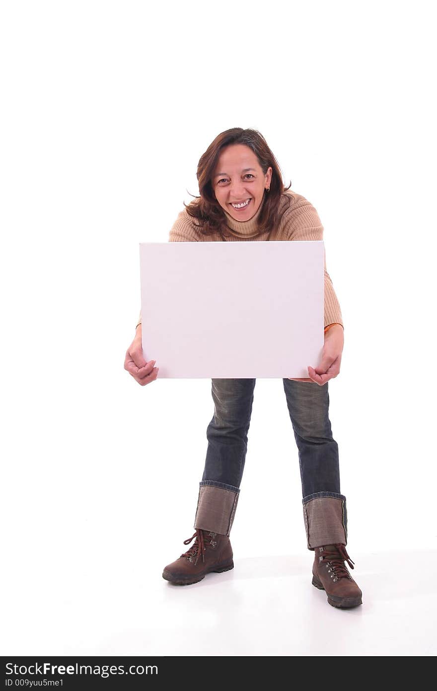 Woman holding a blank card for lettering over white background. Woman holding a blank card for lettering over white background