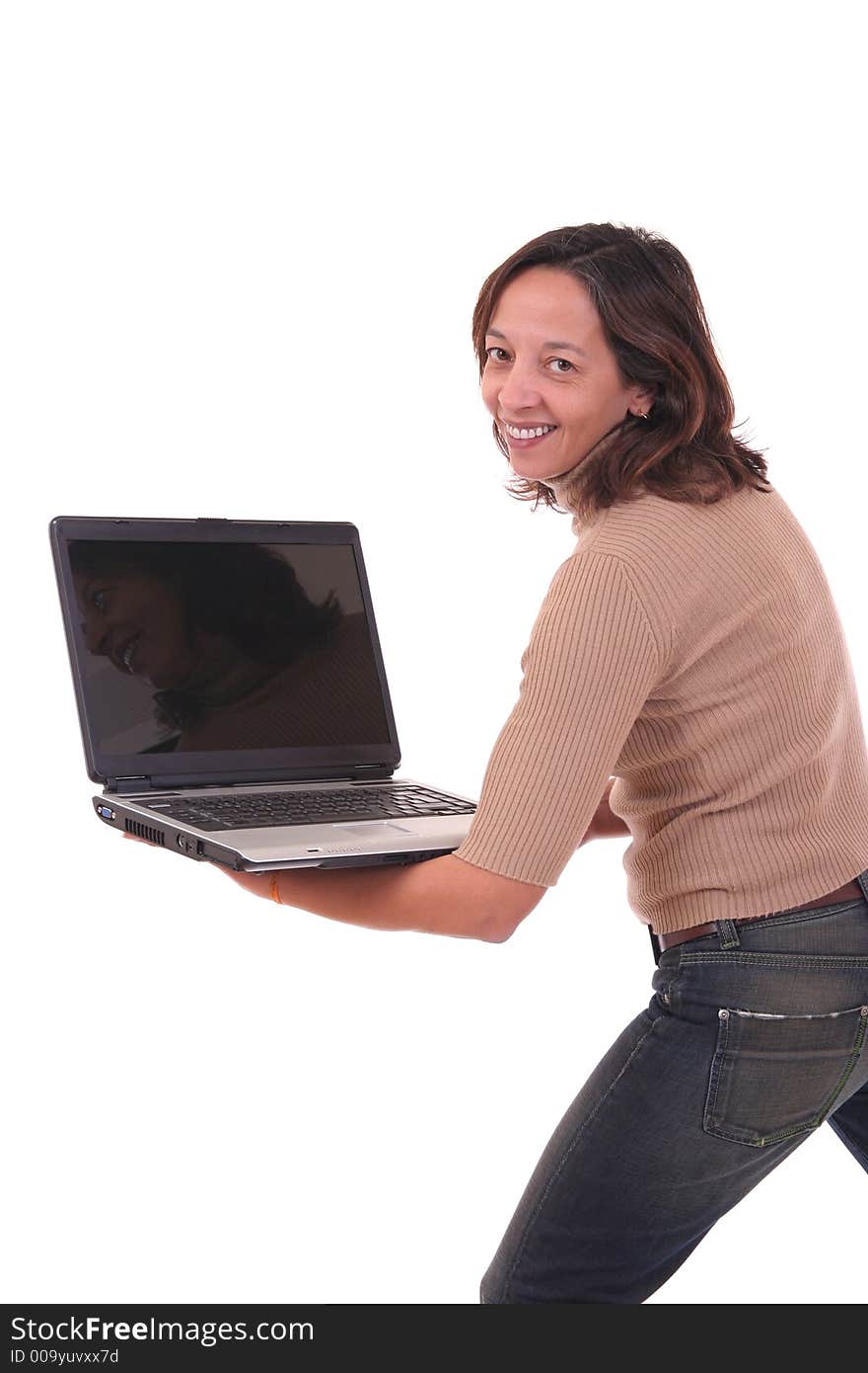 Woman holding a laptop in his hands over white background. Woman holding a laptop in his hands over white background