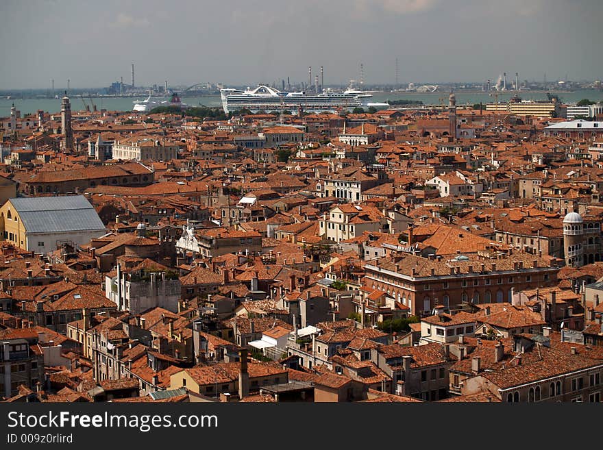 An aerial view of Venice city from bell tower in San Marcus Square