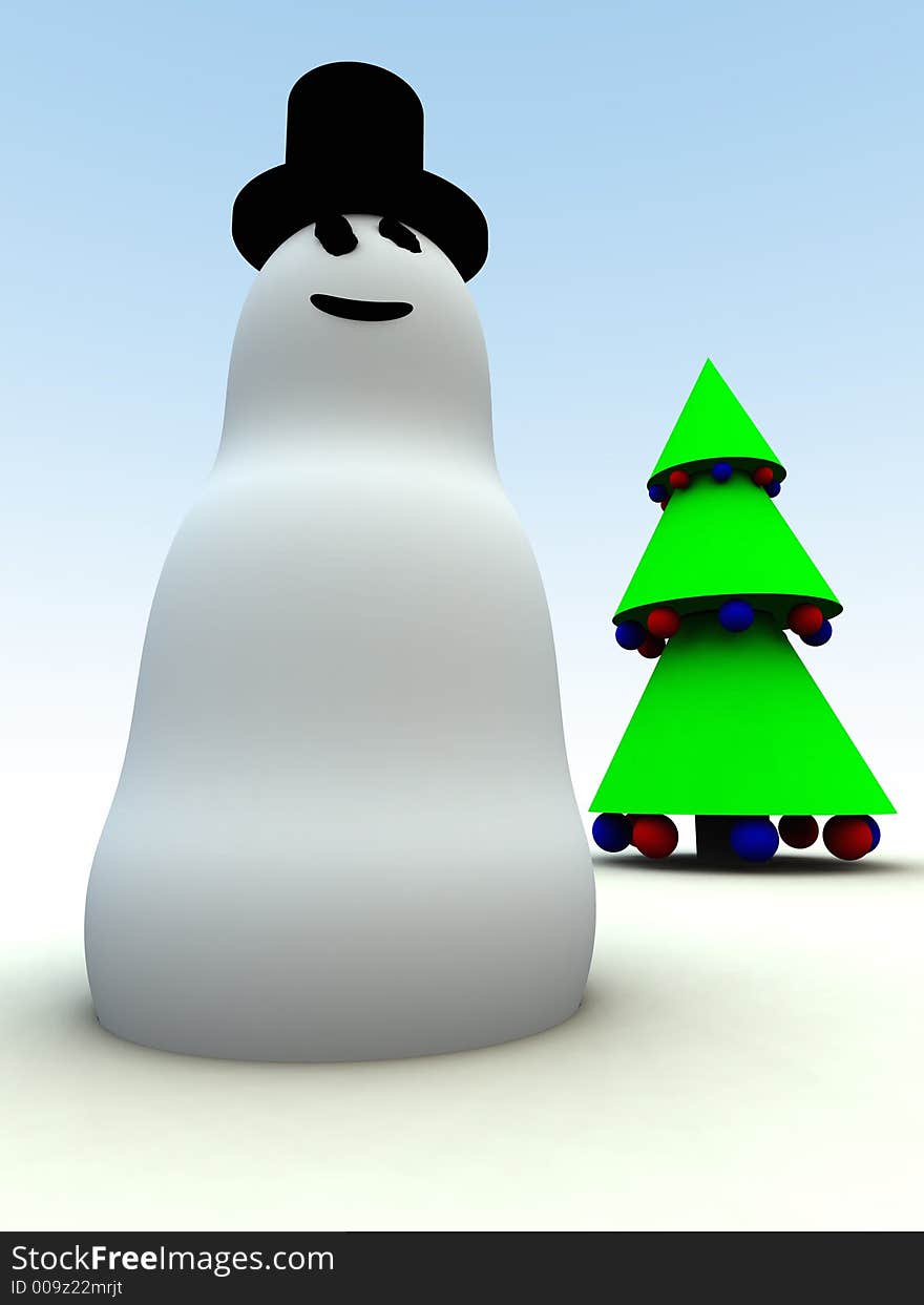 A computer created Christmas scene of a snowman and Christmas tree. A computer created Christmas scene of a snowman and Christmas tree.