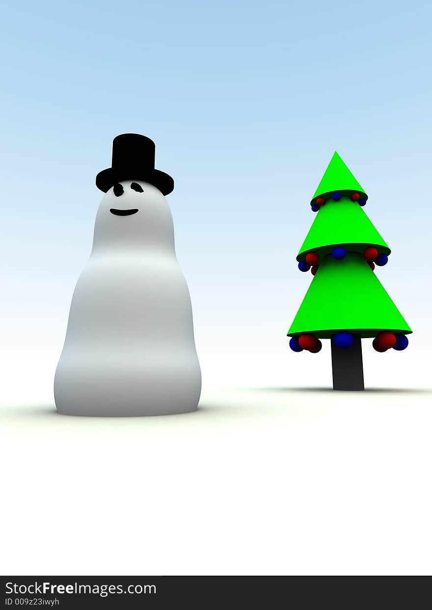 A computer created Christmas scene of a snowman and Christmas tree. A computer created Christmas scene of a snowman and Christmas tree.