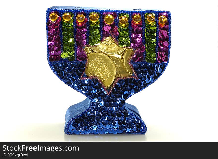 Photo of CHanukah Menorah Filled WIth Candy Gelt (CHocolate Coins) - Chanukah Decoration