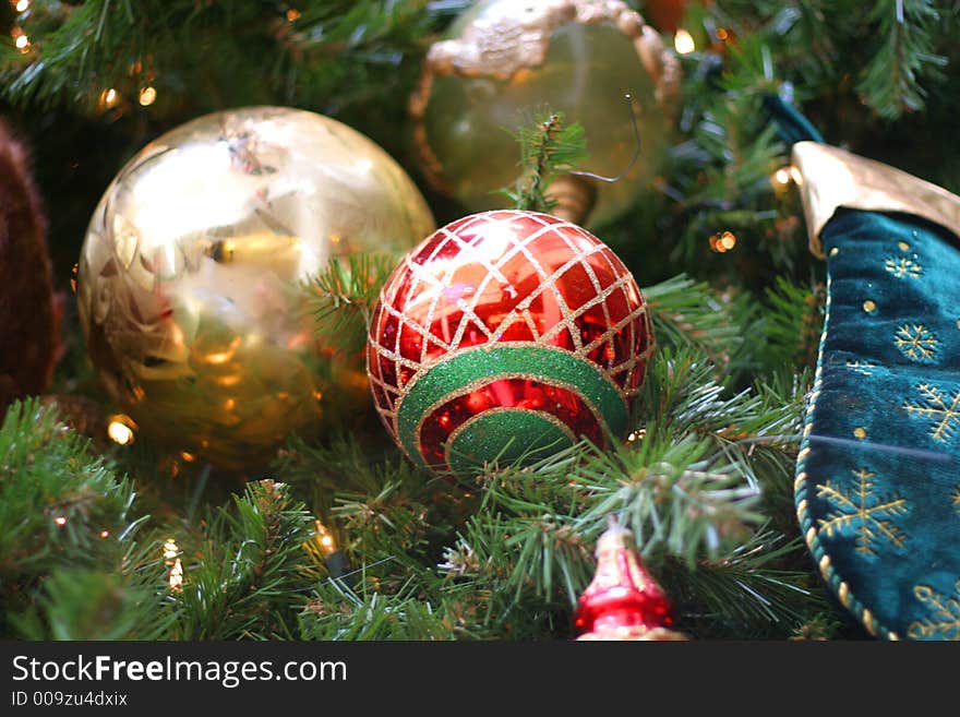 Closeup of decorations on a tree at a shopping mall. Closeup of decorations on a tree at a shopping mall