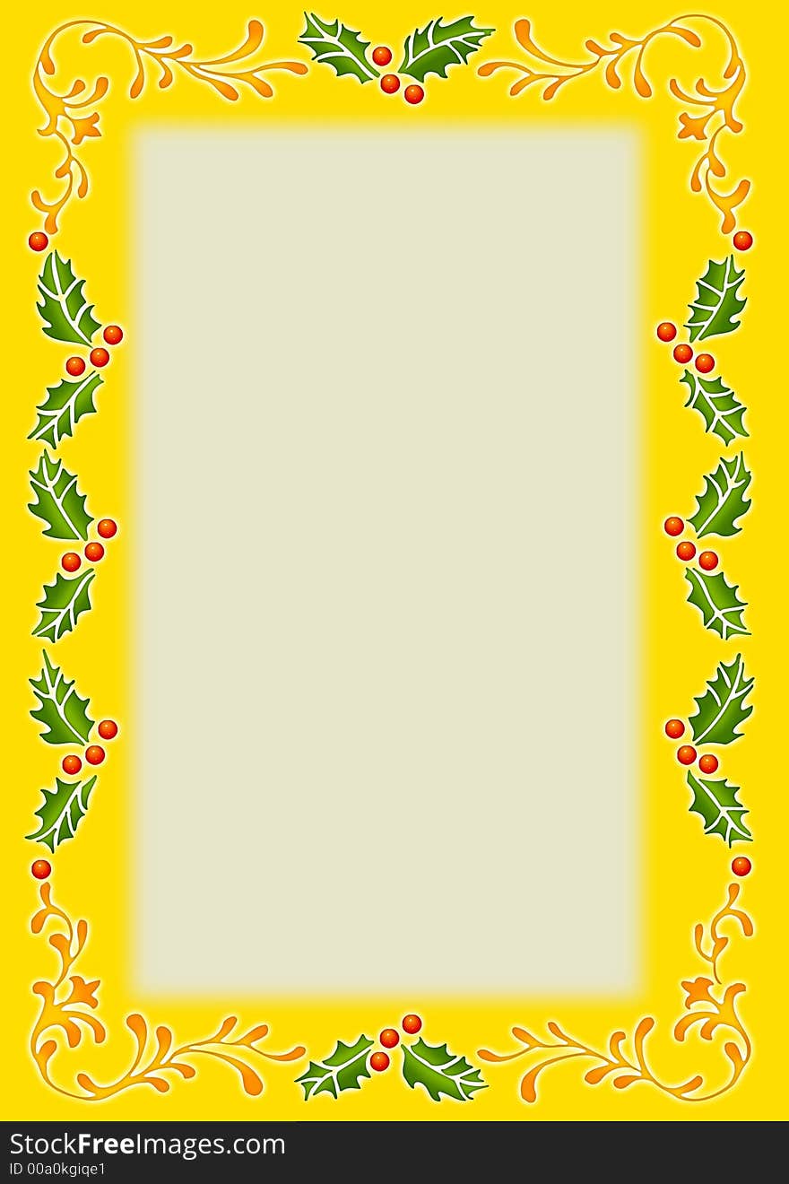 A old-fashioned Christmas border made by a pattern of stenciled holly leaves & ripe, red berries.  Perfect for a background for stationary, on a holiday greeting or invitation. A old-fashioned Christmas border made by a pattern of stenciled holly leaves & ripe, red berries.  Perfect for a background for stationary, on a holiday greeting or invitation.