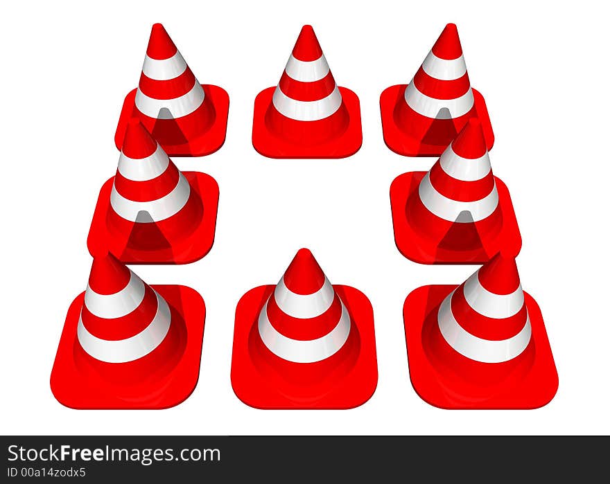 Traffic cones forming a square on a white background