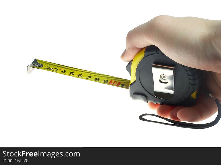 Hand holding a measuring roulette, isolated on white background with clipping path. Hand holding a measuring roulette, isolated on white background with clipping path