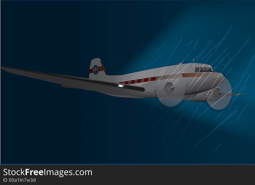 A DC-3 traveling at night in stormy weather at night. A DC-3 traveling at night in stormy weather at night