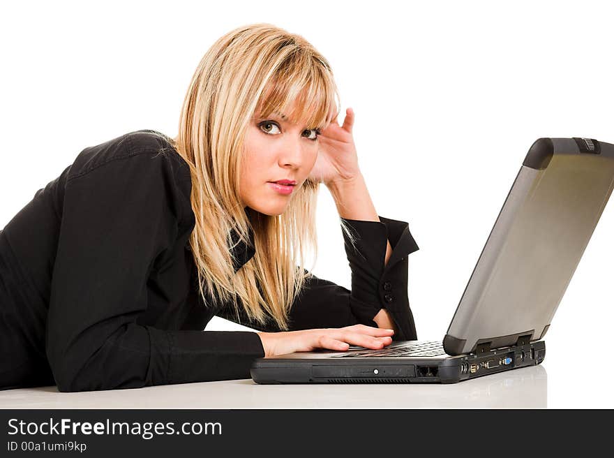 A businesswoman with notebook on white background