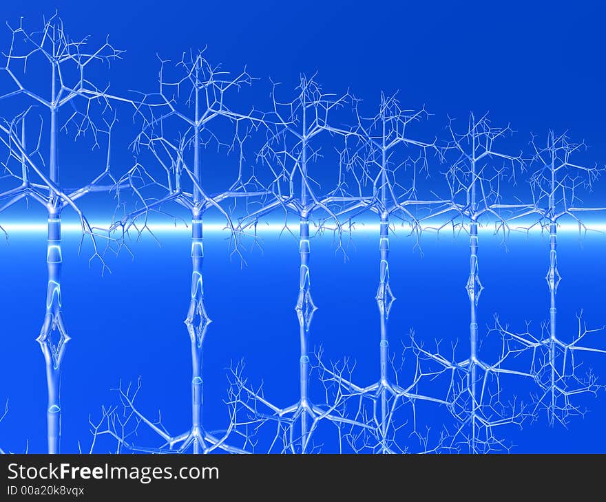 Crystal trees row on blue background - 3d scene. Crystal trees row on blue background - 3d scene