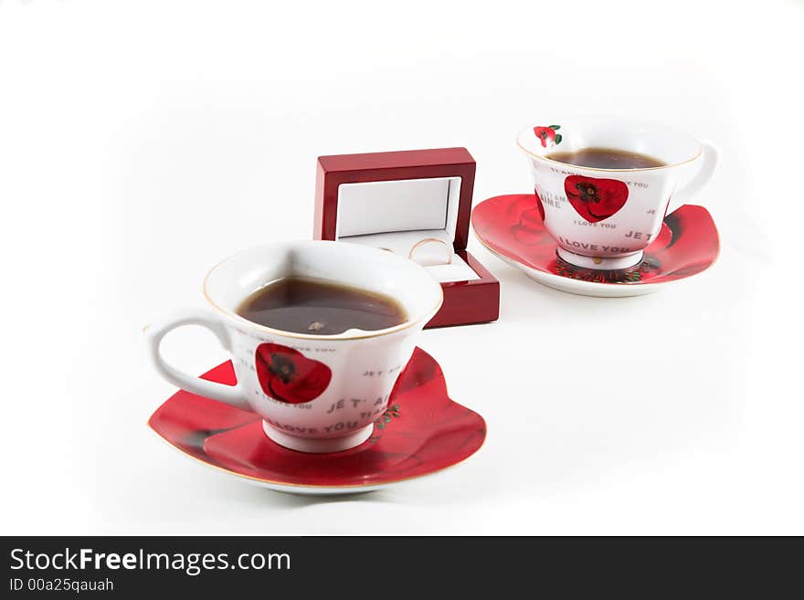 Lovers Tea-drinking (two hert-shaped cups and two rings)