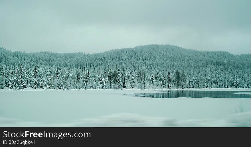 Landscape of a frozen lake next to a mountain with trees and snow. Landscape of a frozen lake next to a mountain with trees and snow