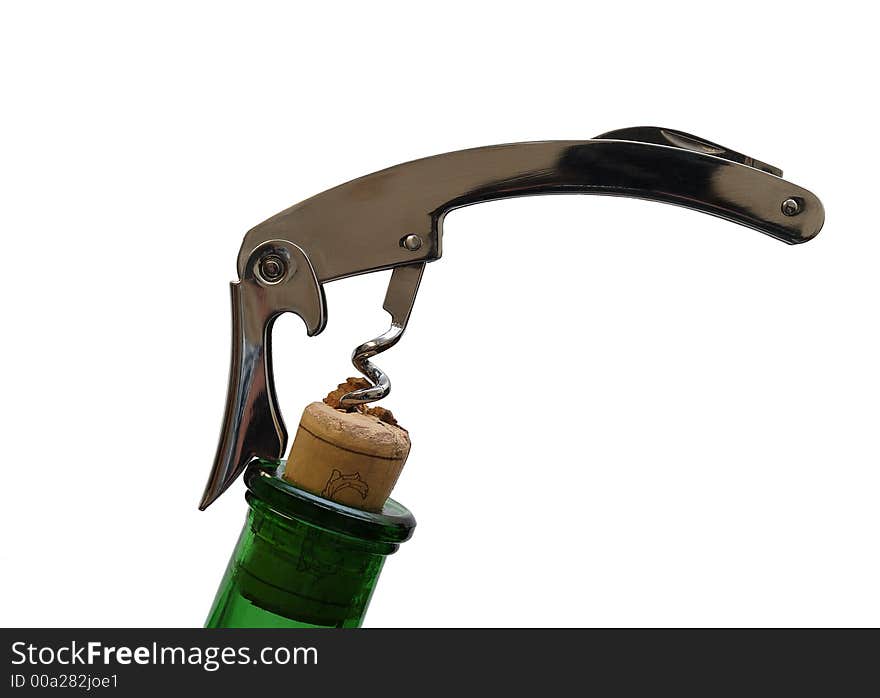 Steel corkscrew pulled in bottle cork isolated on white background. Steel corkscrew pulled in bottle cork isolated on white background