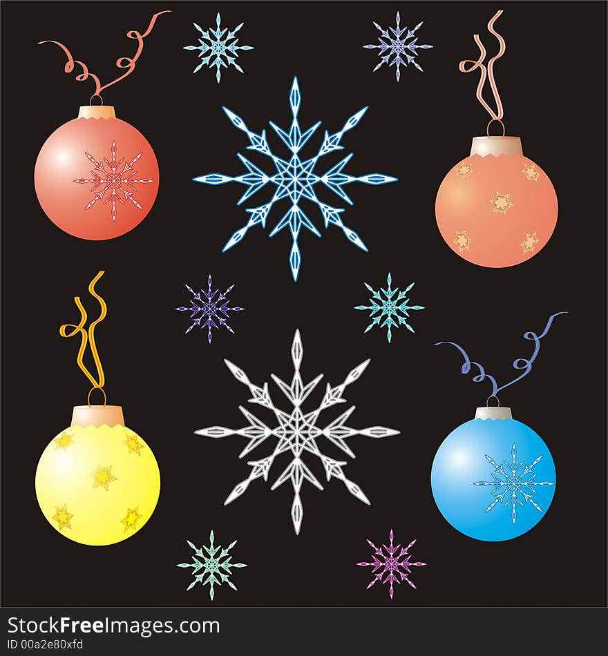 Christmas design elements. Fur-tree toys and snowflakes.