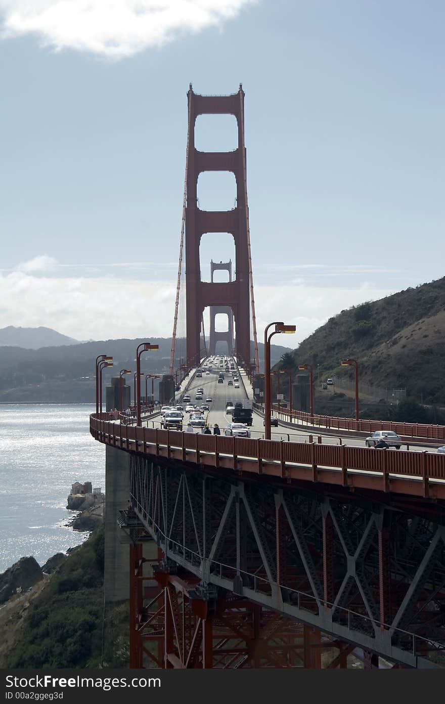 Traffic on the Golden Gate Bridge, San Francisco, backlight, view from sausalito, California. Traffic on the Golden Gate Bridge, San Francisco, backlight, view from sausalito, California