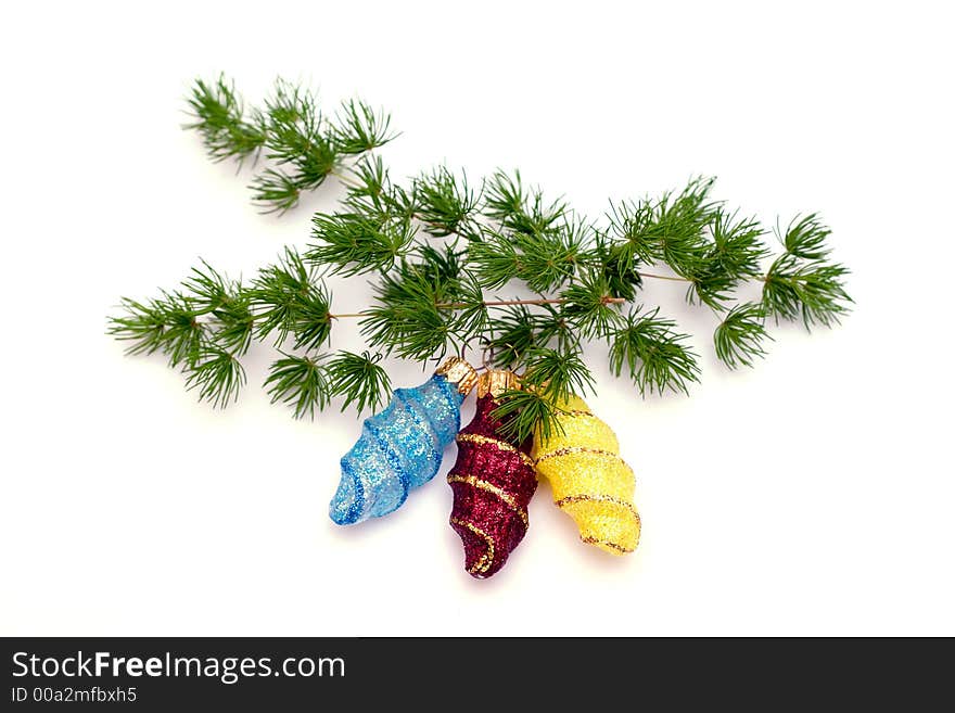 Blue, red and yellow christmas decoration on the green branch. Isolated, white background