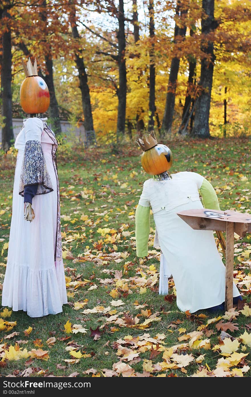 Pumpkin people outside during fall. This is a display in Canada to celebrate the start of autumn and harvest season.