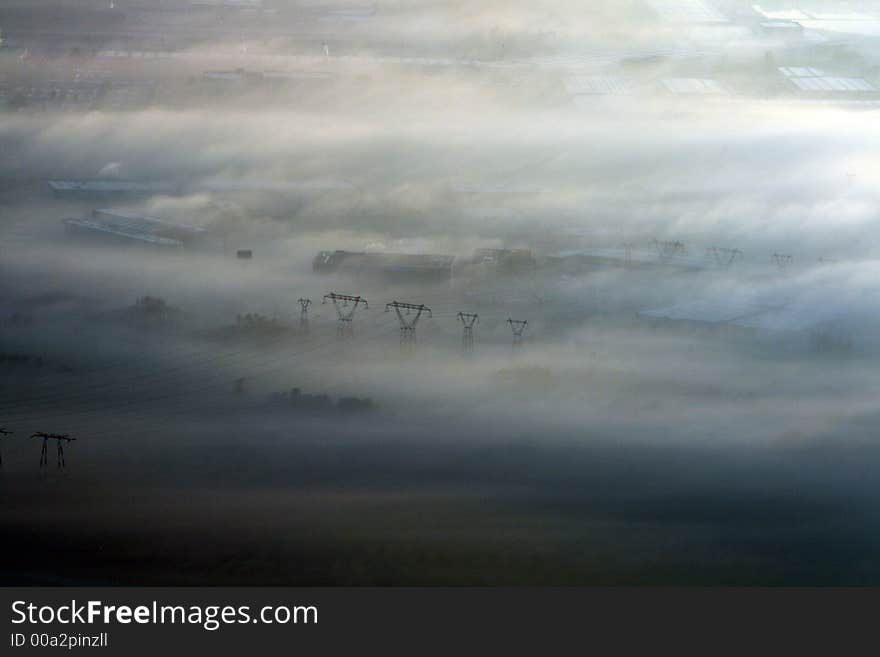 Power lines in the fog