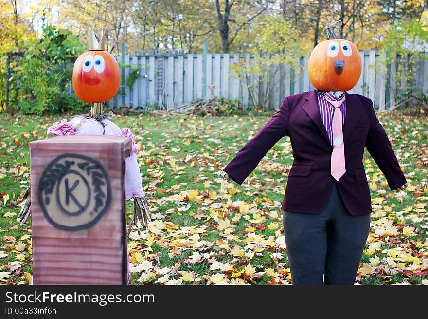 King and queen pumpkin people in Canada. This display is to celebrate the start of fall and Halloween. King and queen pumpkin people in Canada. This display is to celebrate the start of fall and Halloween.