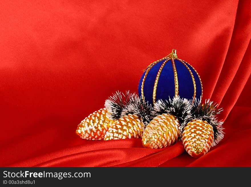 Christmas decorative still life on red background. Christmas decorative still life on red background