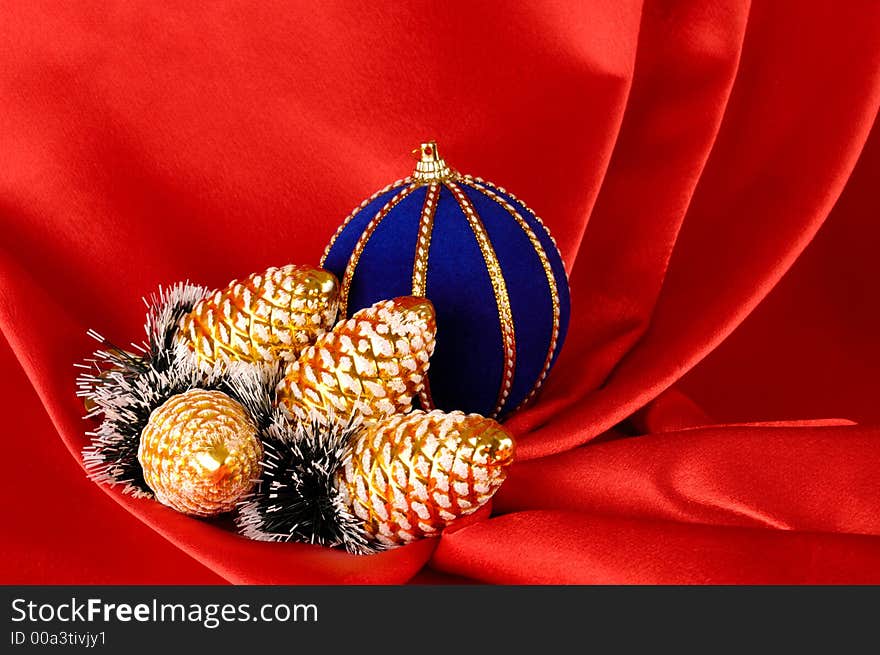 Christmas tree decoration still life on red background. Christmas tree decoration still life on red background