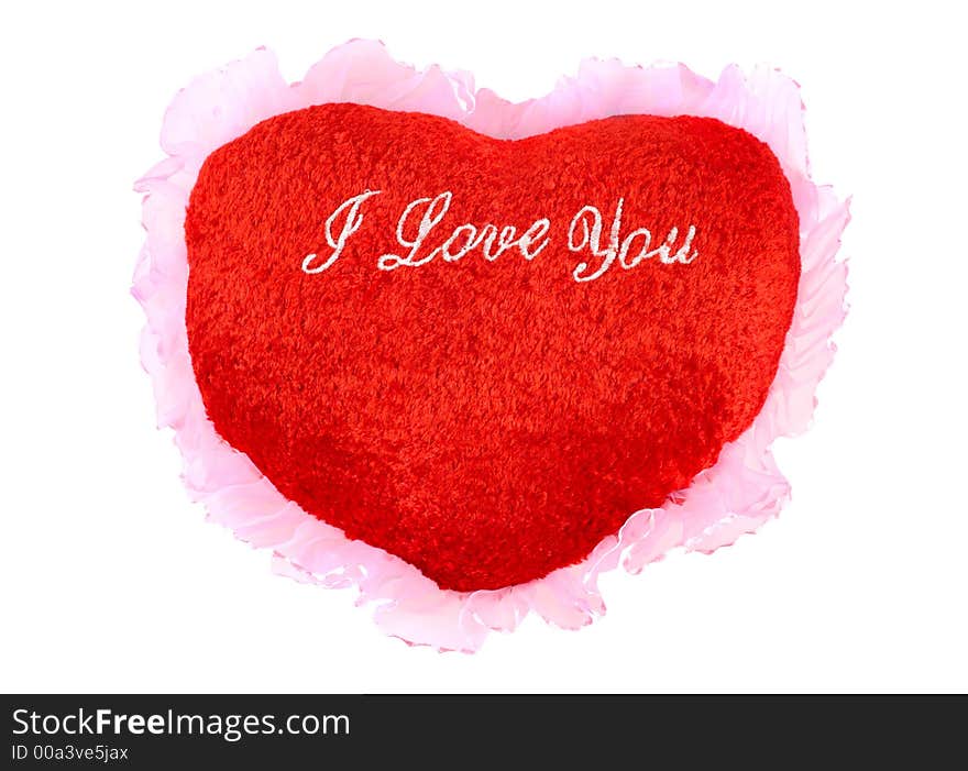 Red heart shaped cushion Valentine concept isolated with clipping path on white background. Red heart shaped cushion Valentine concept isolated with clipping path on white background