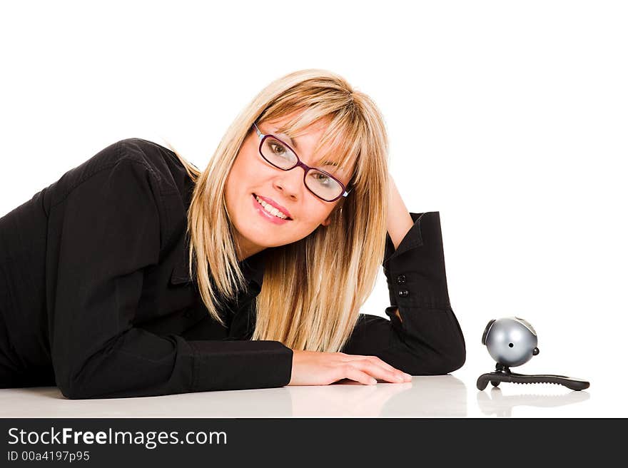 A businesswoman and webcam on white background