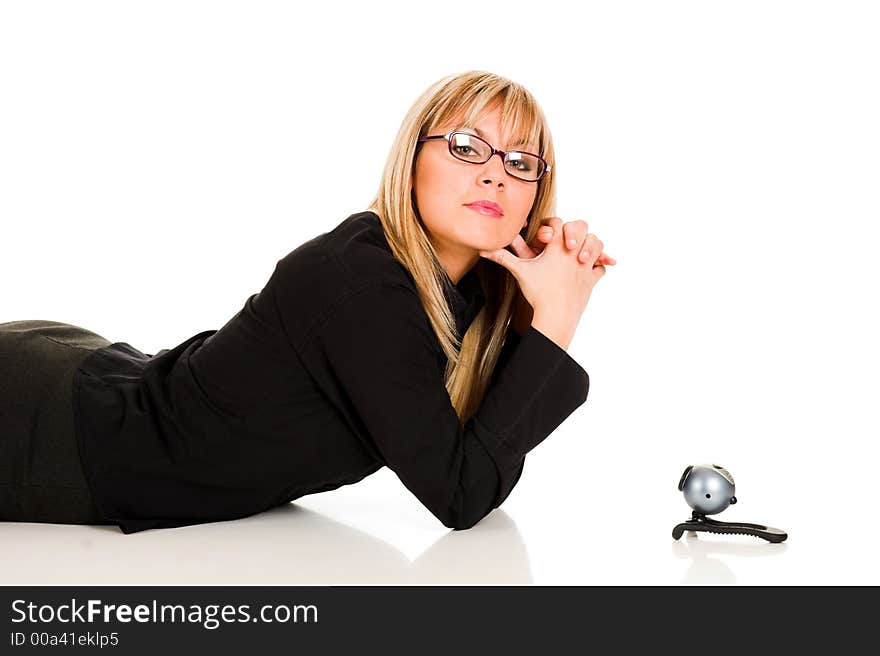 A businesswoman and webcam on white background