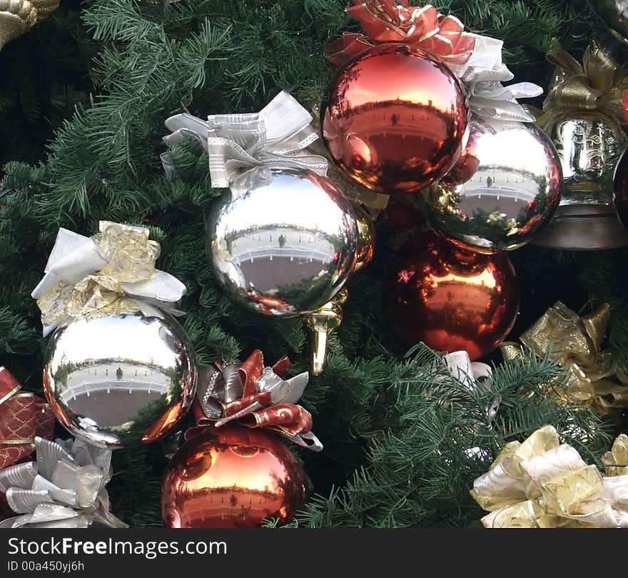 Close-up image of Christmas ball ornaments hanging on tree. Close-up image of Christmas ball ornaments hanging on tree