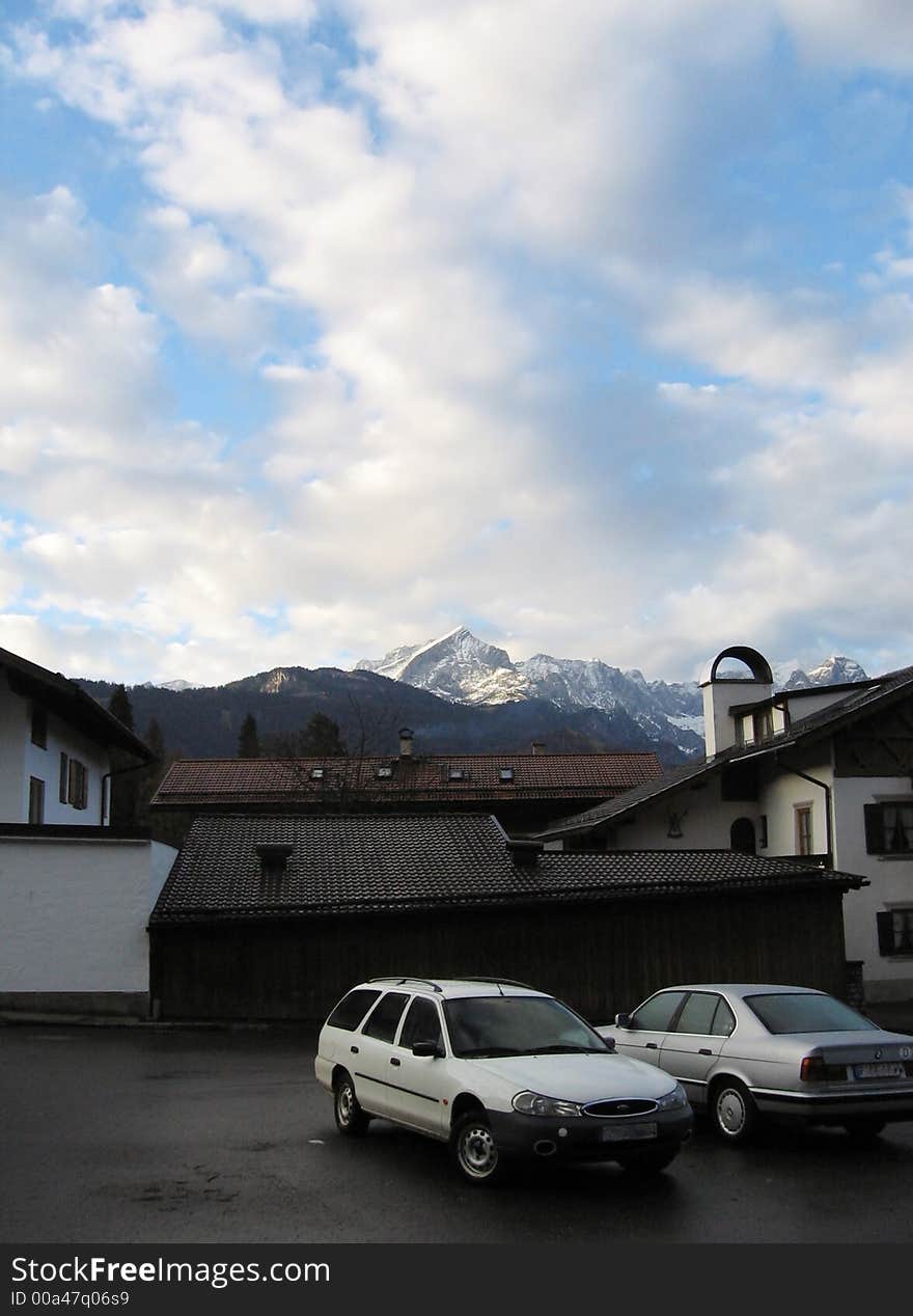 Hotel parking in the Alp mountain. Hotel parking in the Alp mountain