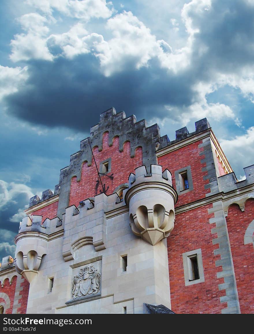 Architecture detail Neuschwanstein castle on blue background. Architecture detail Neuschwanstein castle on blue background