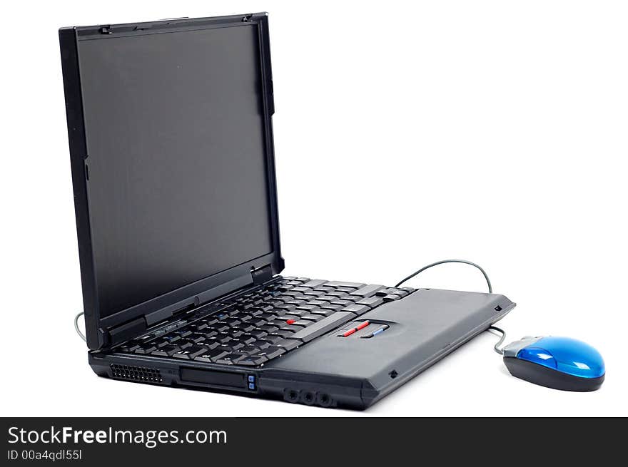 Black laptop with mouse on pure white background. Black laptop with mouse on pure white background