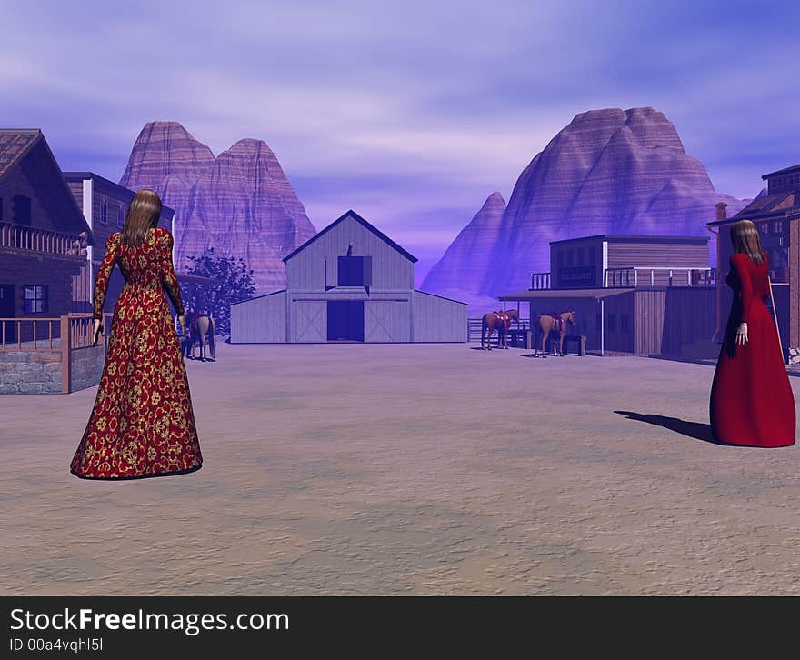 Two women stroll the street of this western settlement. Two women stroll the street of this western settlement.