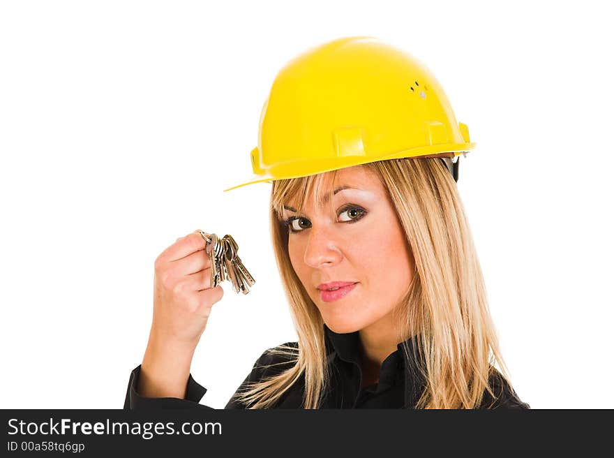 A businesswoman with keys on white background