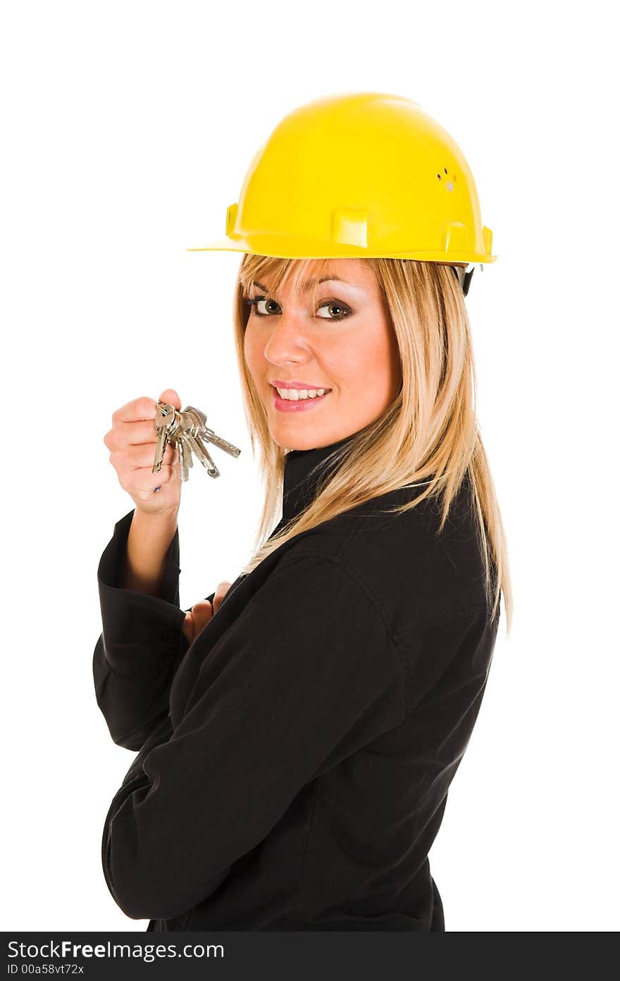 A businesswoman with keys on white background