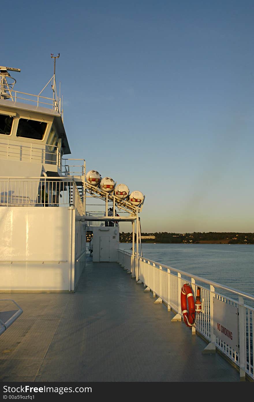 Picture of lifebuoy with rescue lamp on boat in Scandinavia.