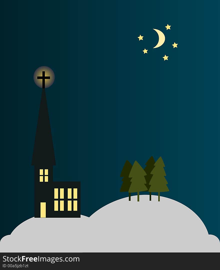 Vector illustration of a church in winter landscape