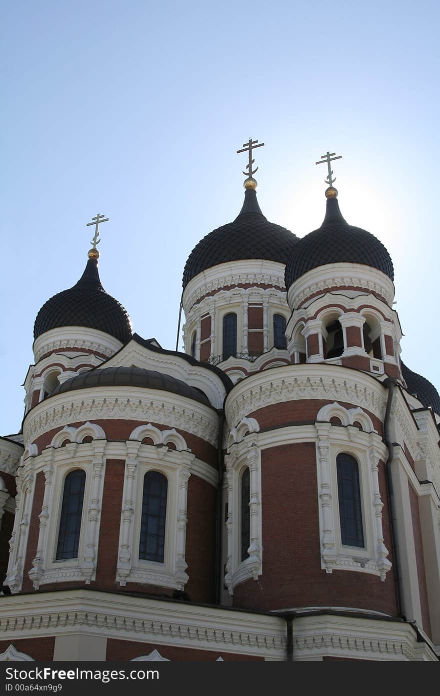 Orthodox temple on a clear day with blue sky in background. Orthodox temple on a clear day with blue sky in background