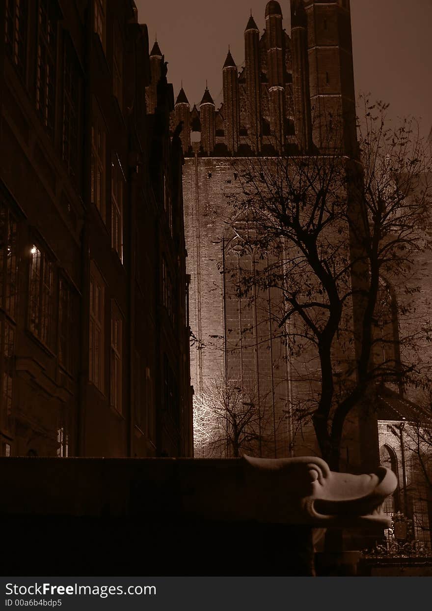 Old church'es wall and gutter - dragon at night; Gdansk, Poland. Old church'es wall and gutter - dragon at night; Gdansk, Poland