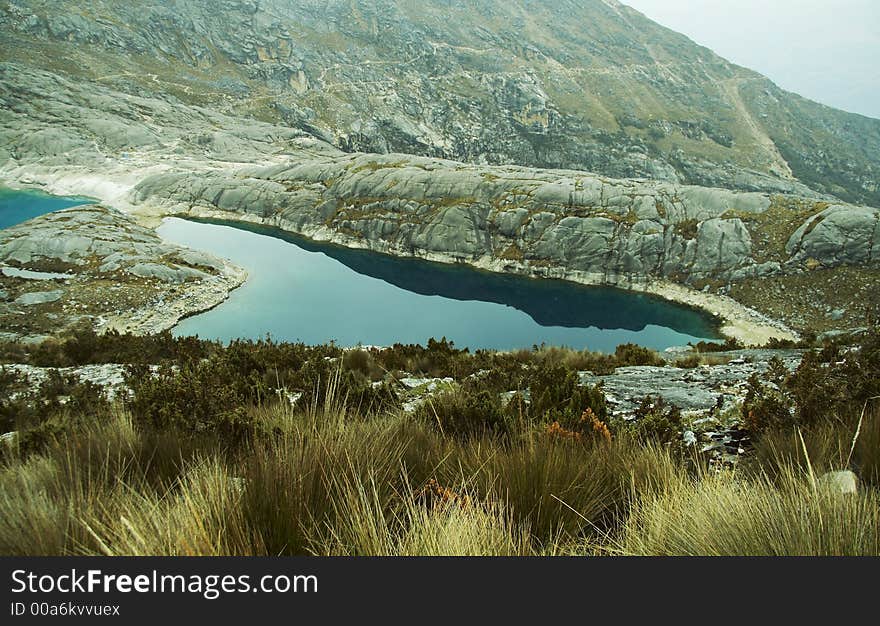 Blue lake in the rock in Cordilleras