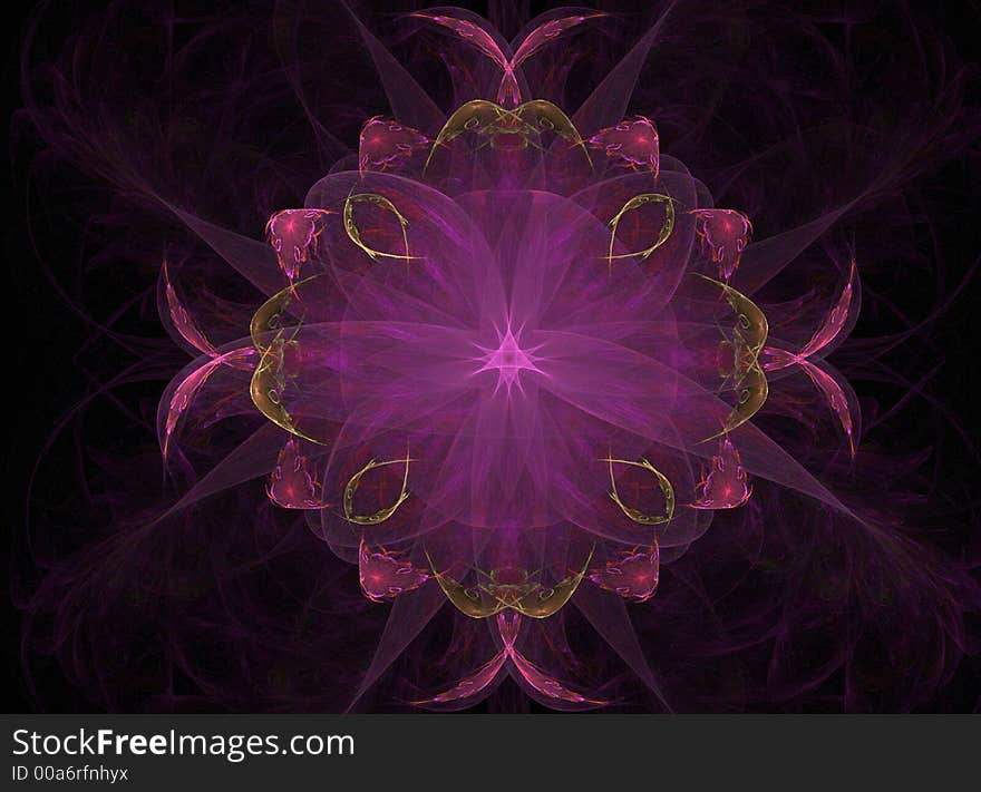 Design / fractal / background created with a fractal / graphic program. 4 abstract birds with open wings are holding the pink design/ornament. Design / fractal / background created with a fractal / graphic program. 4 abstract birds with open wings are holding the pink design/ornament.