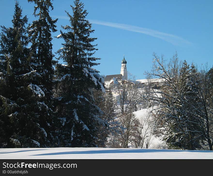 Winter Meadow - Church And Trees