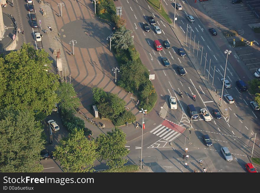 Looking down onto traffic congestion in a busy street. Looking down onto traffic congestion in a busy street