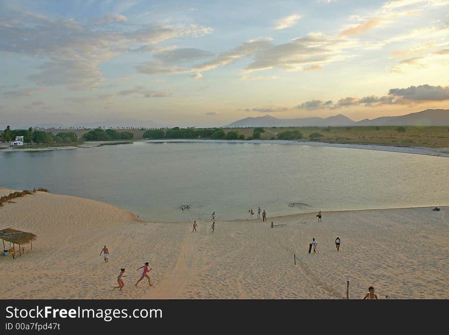 View of a lake beach from a sand dune