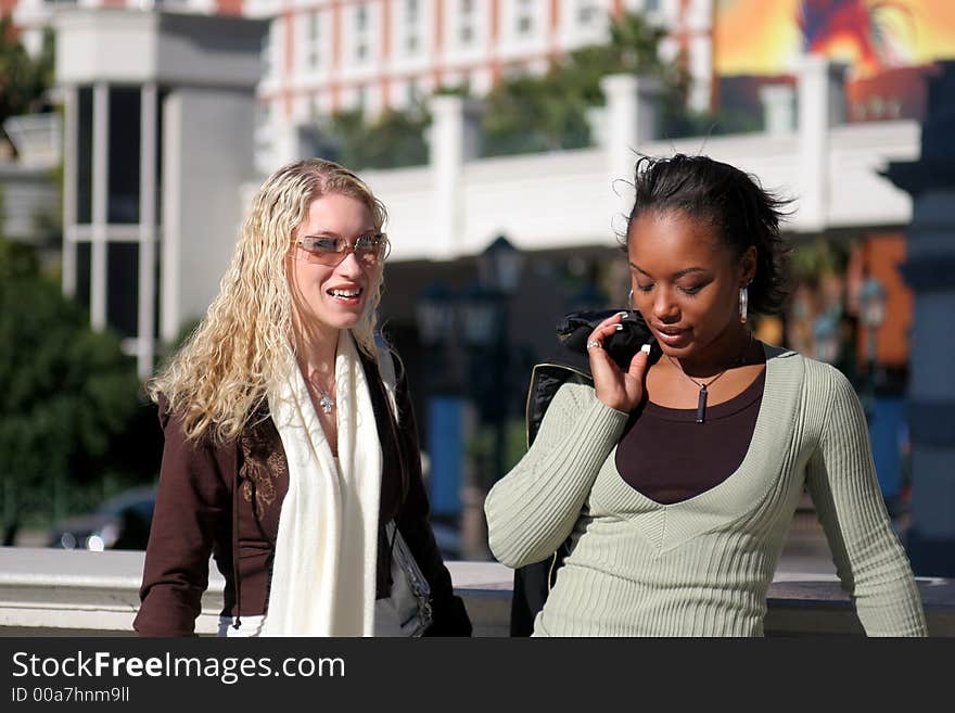 Two beautiful women, fashionably dressed standing in city street scene. Two beautiful women, fashionably dressed standing in city street scene.