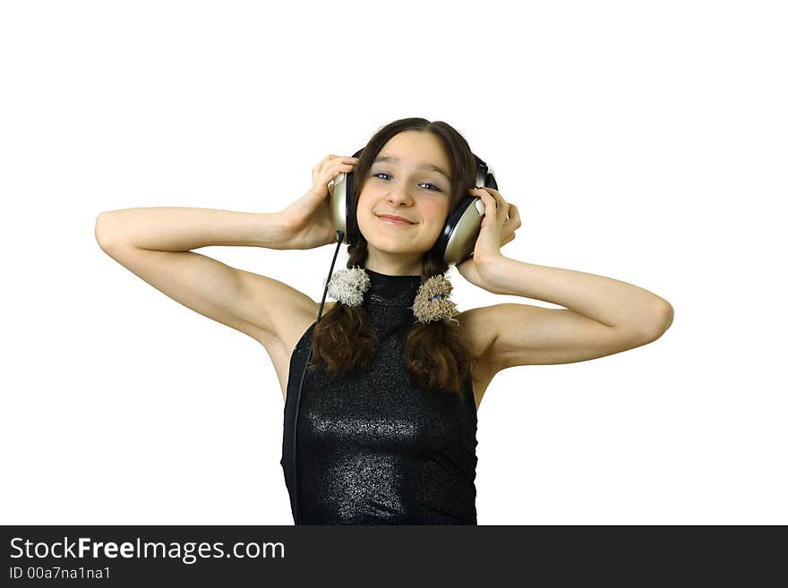 Teenager smiling girl with headphones listen music isolated over white