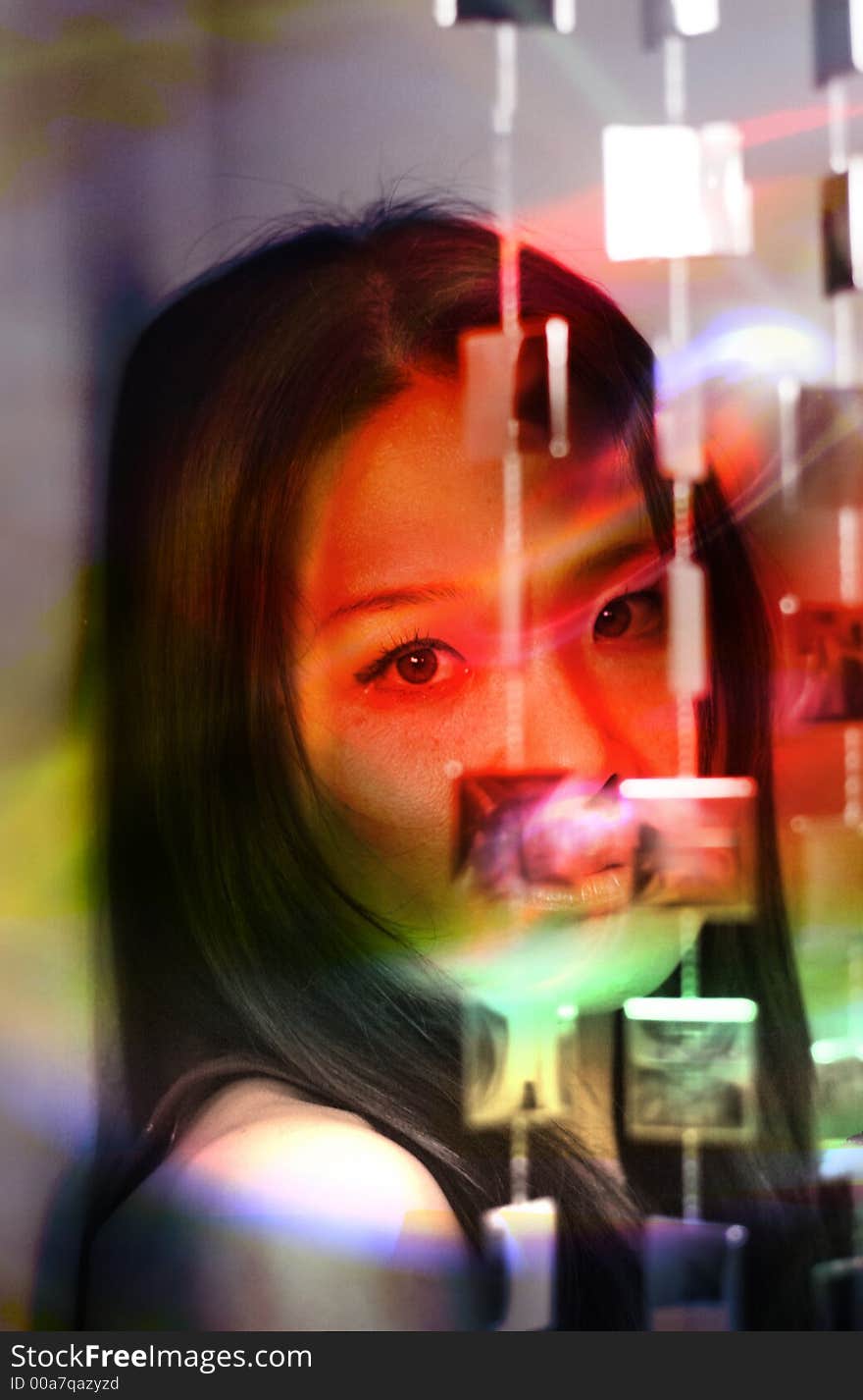 Studio shot of japanese woman with mirror hanging beads. Studio shot of japanese woman with mirror hanging beads