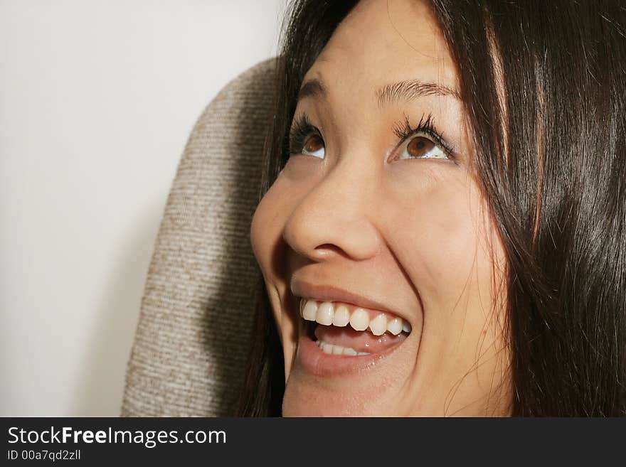 Close-up of japanese girl making funny expression